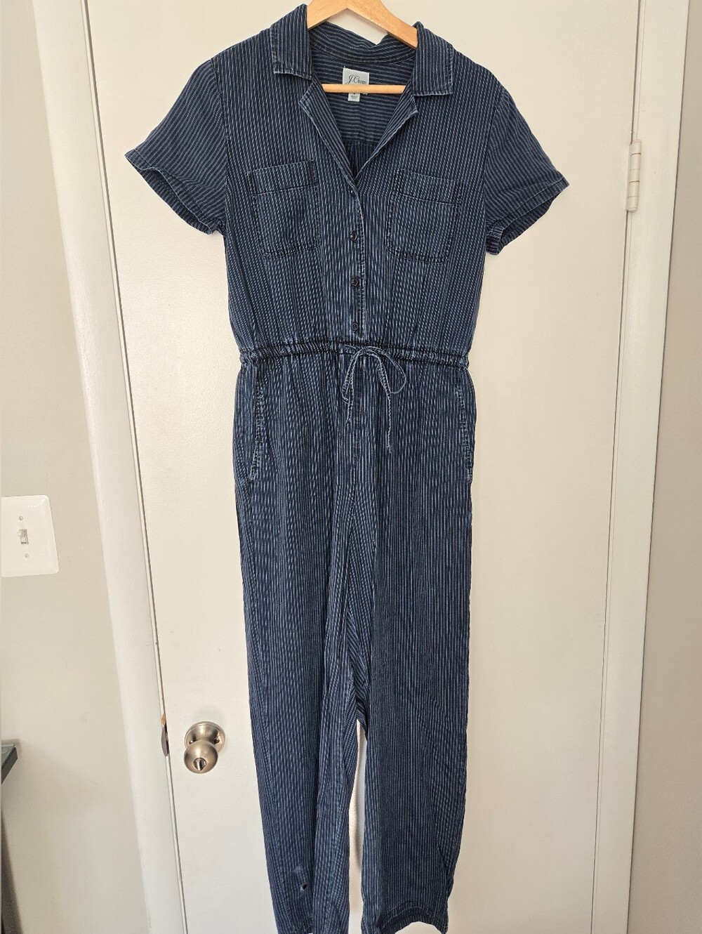 J. Crew Blue Pinstripe Wide Leg Short Sleeve Jumpsuit Size 4 - Picture 1 of 5